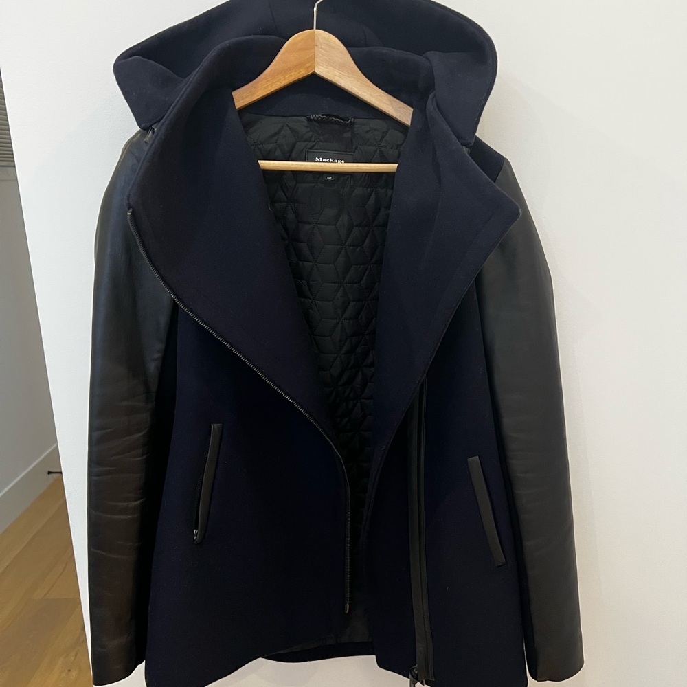 Mackage Navy and Black Wool and Leather Women's Jacket with detachable Hood